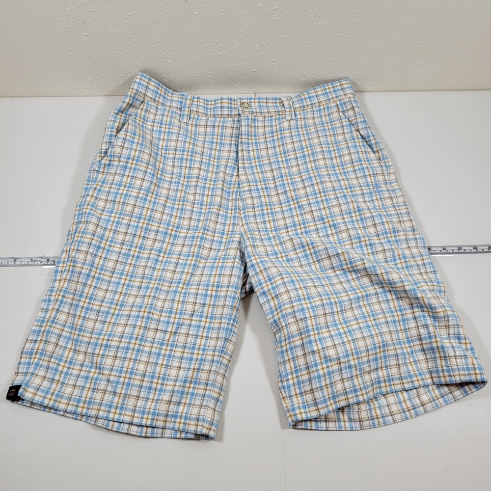 Split Plaid Shorts Mens 32 Blue White Excellent Skate Casual Logo 0770